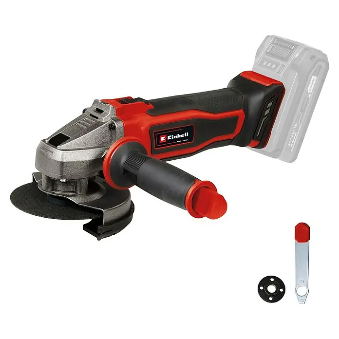Einhell Power X-Change 18V Akku-Winkelschleifer - 18 V, Ohne Akku, Durchmesser Scheibe: 115 mm - Abbildung eines Einhell Akku-Winkelschleifers mit Zubehör vor einem schwarzen Hintergrund.