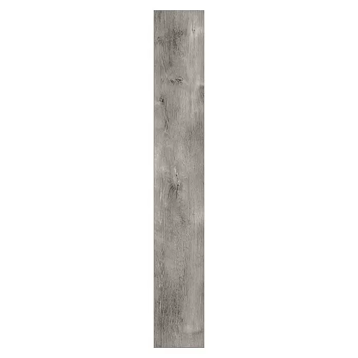 Krono Original Laminatmuster Atlantic 10 Blackwater Oak - 297 x 195 x 10 mm, Landhausdiele, Blackwater Oak - Langer, schmaler, verwitterter grauer Holzbrett mit sichtbarer Maserung und Ästen, ideal für Bodenbeläge oder Wandflächen.