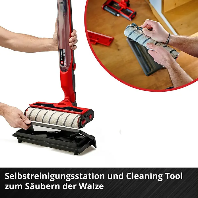 Einhell Power X-Change 18V Akku-Hartbodenreiniger Cleanexxo - 18 V, Ohne Akku - Selbstreinigungsstation und Reinigungsgerät zum Säubern der Walze des Einhell Akku-Nass-Trockensaugers. Die Rollen können einfach gereinigt werden.