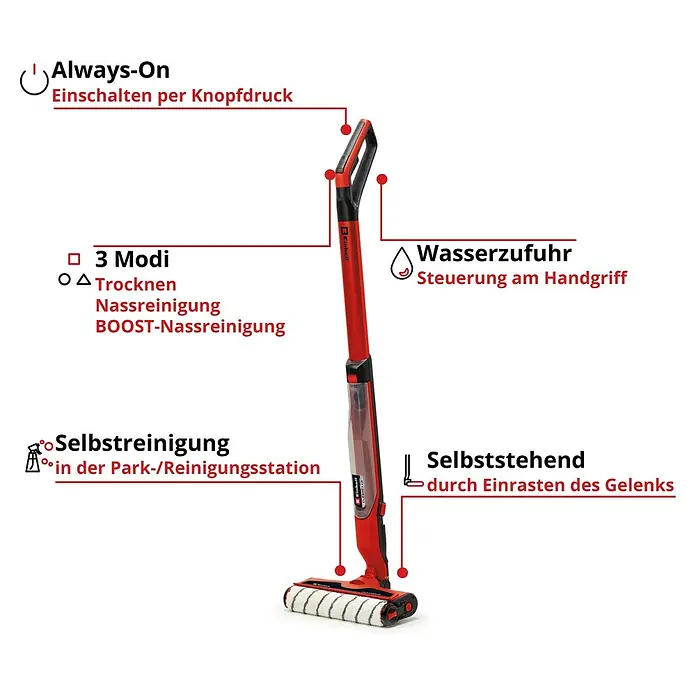Einhell Power X-Change 18V Akku-Hartbodenreiniger Cleanexxo - 18 V, Ohne Akku - Bild eines Einhell Akku-Nass-Trockensaugers. Das Gerät ist rot und schwarz und verfügt über verschiedene Reinigungsmodi und eine Selbstreinigungsfunktion.