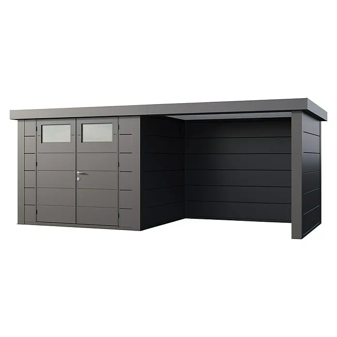 Telluria Metallgerätehaus Classico 2724 mit Lounge S rechts inkl. Elektro-Set - Außenmaß inkl. Dachüberstand (B x T): 572 x 258 cm, Stahl, Anthrazit, Inkl. Innenwandverkleidung & Elektro-Set - Eine moderne, graue Gerätehaus-Kombination mit abschließbarem Lagerraum und überdachtem Freisitz, ideal für Gartenutensilien und Entspannung.