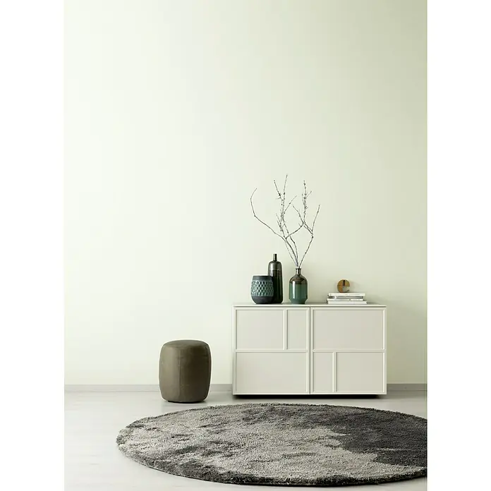 SCHÖNER WOHNEN-Farbe Wandfarbe Designfarbe - Ruhiges Salbeigrün, Matt, 2,5 l, Konservierungsmittelfrei - Einrichtungsidee mit modernem Schrank, Dekorationen und einem runden Teppich. Das schlichte Design betont die Eleganz der Möbel und Accessoires.
