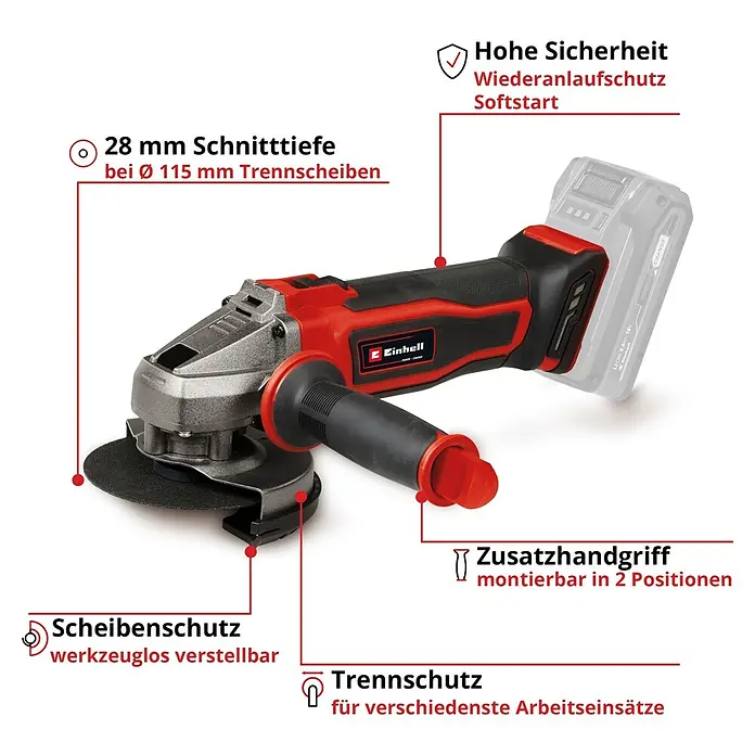 Einhell Power X-Change 18V Akku-Winkelschleifer - 18 V, Ohne Akku, Durchmesser Scheibe: 115 mm - Bild einer Einhell Akku-Winkelschleifer mit einer Schnitttiefe von 28mm bei Ø 115mm Trennscheiben, mit Zusatzhandgriff und Scheibenschutz.