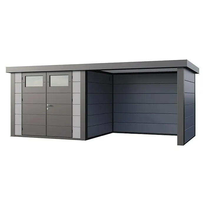 Telluria Metallgerätehaus Classico 2724 mit Lounge S rechts inkl. Elektro-Set - Außenmaß inkl. Dachüberstand (B x T): 572 x 258 cm, Stahl, Lichtgrau/Anthrazit, Inkl. Innenwandverkleidung & Elektro-Set - Abbildung eines modernen Gerätehauses mit Doppeltür und seitlichem Unterstand, ideal für Gartenutensilien und mehr.