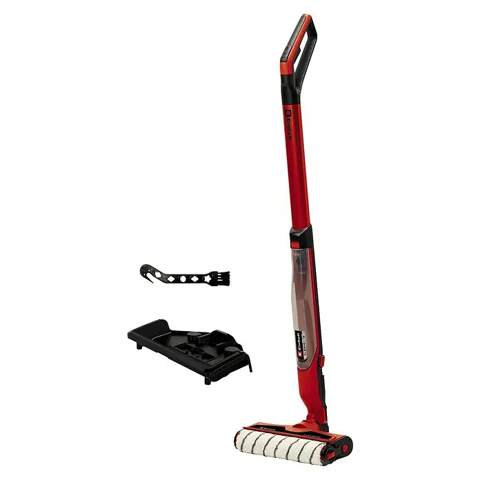 Einhell Power X-Change 18V Akku-Hartbodenreiniger Cleanexxo - 18 V, Ohne Akku - Das Bild zeigt einen roten Einhell CLEANEXXO Akku-Nass-Trockensauger mit Zubehör, ideal für die Reinigung verschiedener Oberflächen.