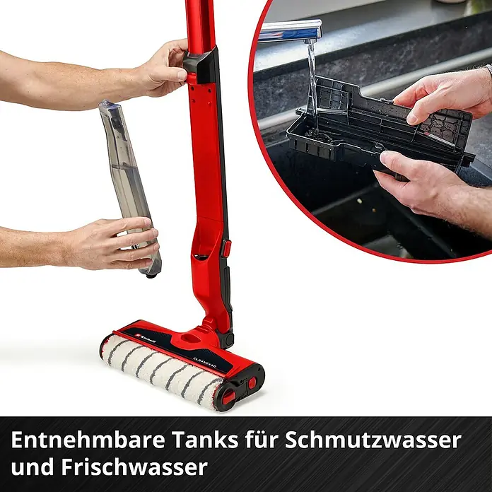 Einhell Power X-Change 18V Akku-Hartbodenreiniger Cleanexxo - 18 V, Ohne Akku - Entnehmbare Tanks für Schmutzwasser und Frischwasser. Abbildung eines Bodenreinigers mit entnehmbaren Tanks für eine einfache Reinigung.
