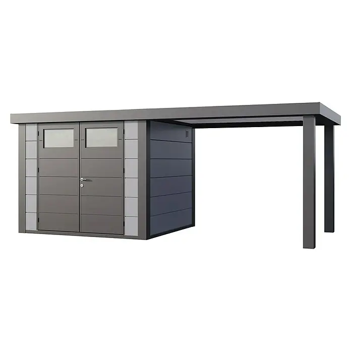 Telluria Metallgerätehaus Classico 2724 mit Open Lounge L rechts inkl. Elektro-Set - Außenmaß inkl. Dachüberstand (B x T): 572 x 258 cm, Stahl, Lichtgrau/Anthrazit, Inkl. Innenwandverkleidung & Elektro-Set - Stilvolles Gerätehaus mit Vordach bietet praktischen Stauraum und zusätzlichen Schutz vor Witterungseinflüssen, ideal für Garten und Hof.