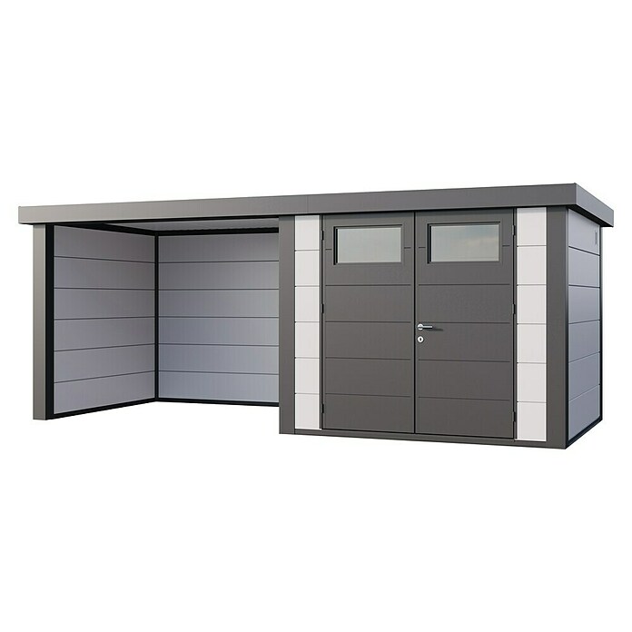 Telluria Metallgerätehaus Classico 2724 mit Lounge S links (Außenmaß inkl. Dachüberstand (B x T): 572 x 258 cm, Stahl, Weiß/Anthrazit, Ohne Set) | BAUHAUS