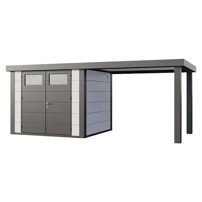 Telluria Metallgerätehaus Classico 2724 mit Open Lounge L rechts inkl. Elektro-Set - Außenmaß inkl. Dachüberstand (B x T): 572 x 258 cm, Stahl, Weiß/Anthrazit, Inkl. Innenwandverkleidung & Elektro-Set - Abbildung eines modernen Gerätehauses mit Anbau, ideal für Garten und Freizeit, in stilvollem Grau gehalten.