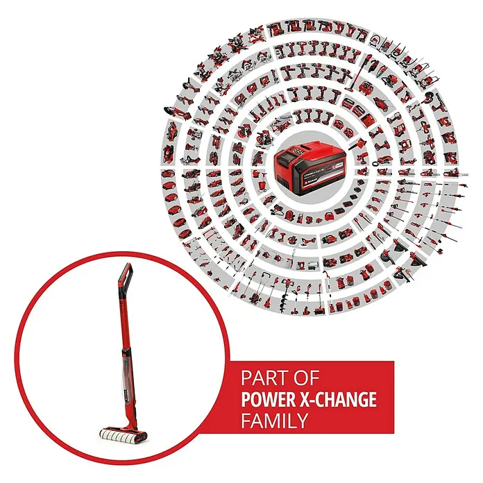 Einhell Power X-Change 18V Akku-Hartbodenreiniger Cleanexxo - 18 V, Ohne Akku - Abbildung eines Einhell Akku-Bodenreinigers, Teil der Power X-Change Familie, umgeben von anderen Werkzeugen und Gartengeräten.