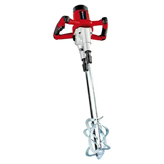 Einhell Farb- & Mörtelmischer TE-MX 1600-2 CE TWIN - Durchmesser Rührer: 120 mm, Sechskant - Roter und silberner Doppelrührwerk für Farbe und Mörtel mit schwarzen Griffen.