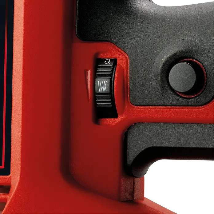 Einhell Trockenbauschleifer TC-DWS 225 - 1.220 W, Durchmesser Schleifteller: 215 mm, Leerlaufdrehzahl: 1.500 U/min - 2.300 U/min - Nahaufnahme eines roten Elektrowerkzeugs mit einem schwarzen Drehknopf, der auf "MAX" eingestellt ist.