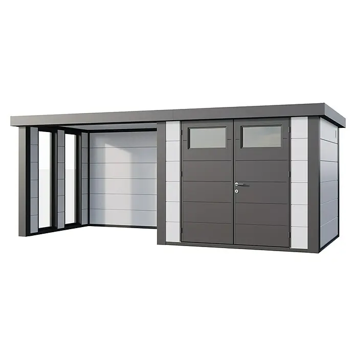 Telluria Metallgerätehaus Classico 2724 mit Lounge S links inkl. 2 Fenster und Elektro-Set - Außenmaß inkl. Dachüberstand (B x T): 572 x 258 cm, Stahl, Weiß/Anthrazit, Inkl. Innenwandverkleidung & Elektro-Set - Moderne Gartenlaube mit Doppeltür und seitlichem Unterstand. Das Gartenhaus besticht durch sein schlichtes, modernes Design und die hochwertige Verarbeitung.