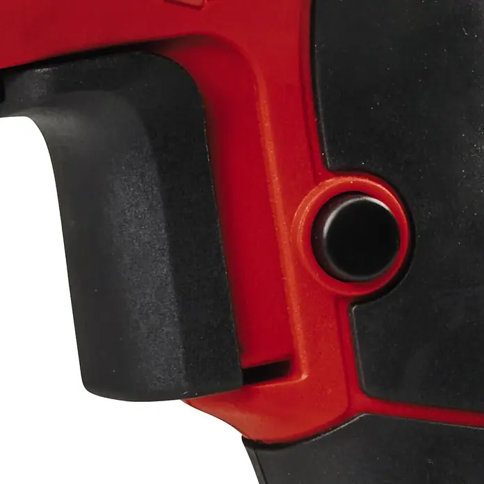 Einhell Classic Trockenbauschrauber TC-DY 710 E - 710 W - Detailaufnahme eines Akku-Bohrhammers mit rotem Gehäuse und schwarzem Griff, der ein robustes Design und einen praktischen Druckknopf zeigt.