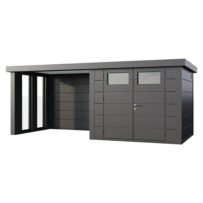 Telluria Metallgerätehaus Classico 2724 mit Lounge S links inkl. 2 Fenster und Elektro-Set (Außenmaß inkl. Dachüberstand (B x T): 572 x 258 cm, Stahl, Anthrazit, Inkl. Innenwandverkleidung & Elektro-Set) | BAUHAUS