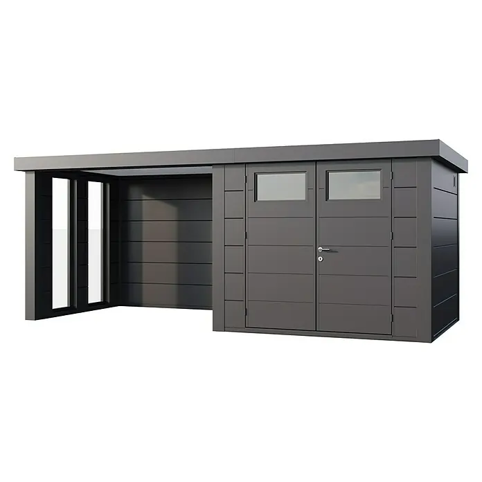 Telluria Metallgerätehaus Classico 2724 mit Lounge S links inkl. 2 Fenster - Außenmaß inkl. Dachüberstand (B x T): 572 x 258 cm, Stahl, Anthrazit, Ohne Set - Ein modernes Gartenhaus mit Vordach, Doppeltür und Fenster für zusätzlichen Stauraum und Wetterschutz im Außenbereich.