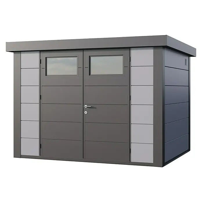 Telluria Metallgerätehaus Classico 3024 inkl. Elektro-Set - Außenmaß inkl. Dachüberstand (B x T): 318 x 258 cm, Stahl, Lichtgrau/Anthrazit, Inkl. Innenwandverkleidung & Elektro-Set - Ein moderner Geräteschuppen in Anthrazit mit zwei Türen und Fenstern. Ideal für die Gartenaufbewahrung und Geräte.