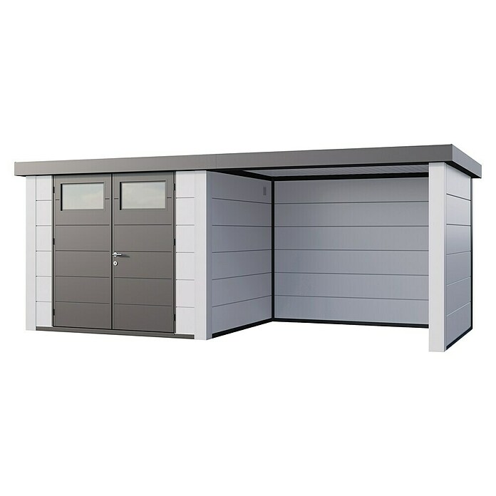 Telluria Metallgerätehaus Classico 2724 mit Lounge S rechts (Außenmaß inkl. Dachüberstand (B x T): 572 x 258 cm, Stahl, Weiß, Ohne Set) | BAUHAUS