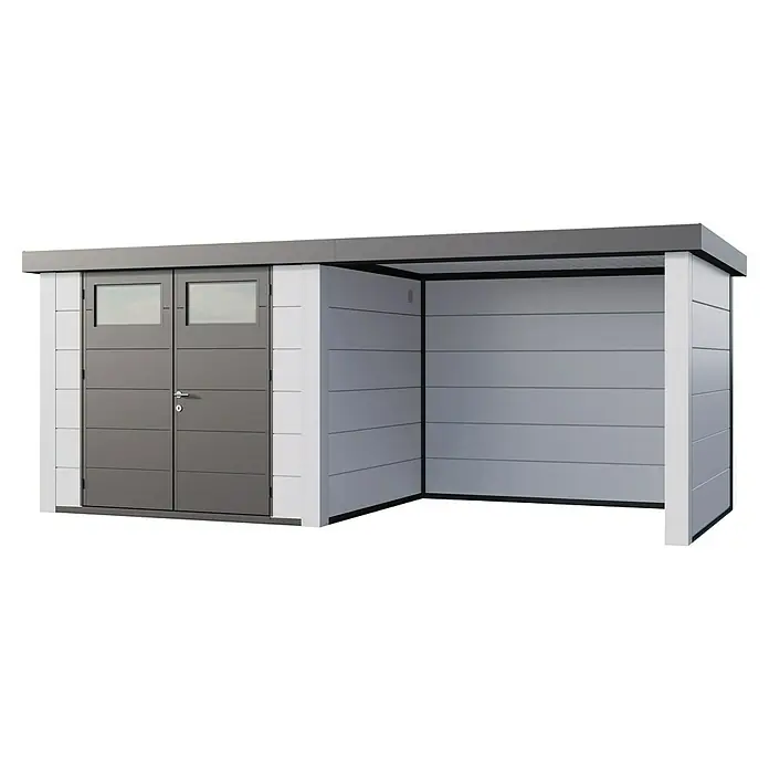 Telluria Metallgerätehaus Classico 2724 mit Lounge S rechts inkl. Elektro-Set - Außenmaß inkl. Dachüberstand (B x T): 572 x 258 cm, Stahl, Weiß, Inkl. Innenwandverkleidung & Elektro-Set - Ein modernes Gerätehaus mit Doppeltür und offenem Anbau für Gartengeräte und mehr. Praktischer Stauraum für den Außenbereich.