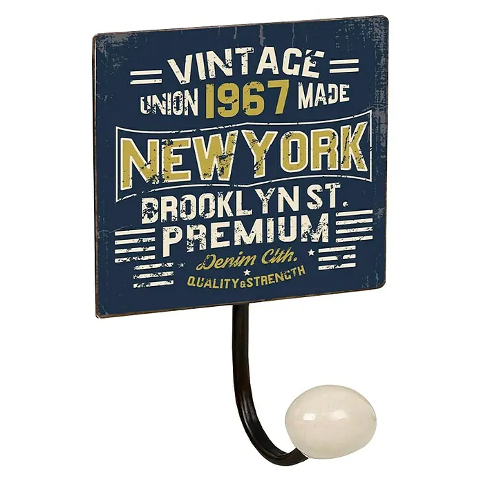 Nesu Gancho para colgar New York - Número de ganchos: 1 ud., L x An x Al: 15,5 x 10 x 7 cm - Perchero de pared decorativo con diseño "Vintage New York" y gancho con pomo de porcelana.