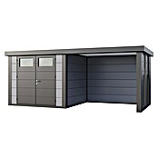 Telluria Metallgerätehaus Classico 3024 mit Lounge S rechts inkl. 2 Fenster und Elektro-Set (Außenmaß inkl. Dachüberstand (B x T): 602 x 258 cm, Stahl, Lichtgrau/Anthrazit, Inkl. Innenwandverkleidung & Elektro-Set) | BAUHAUS