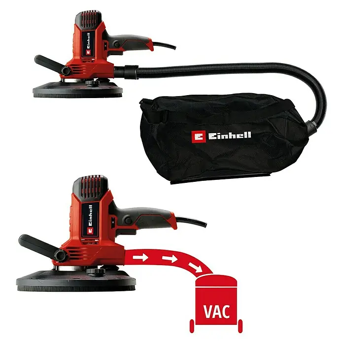 Einhell Trockenbauschleifer TC-DWS 225 - 1.220 W, Durchmesser Schleifteller: 215 mm, Leerlaufdrehzahl: 1.500 U/min - 2.300 U/min - Einhell Trockenbauschleifer mit Absaugvorrichtung. Das Bild zeigt das Werkzeug mit Staubsack und Absaugschlauch.