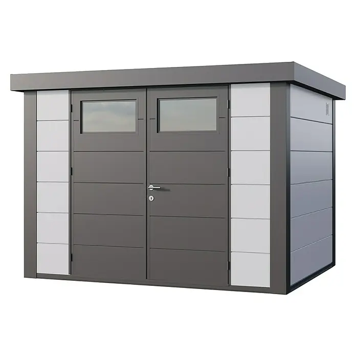 Telluria Metallgerätehaus Classico 3024 inkl. Elektro-Set - Außenmaß inkl. Dachüberstand (B x T): 318 x 258 cm, Stahl, Weiß/Anthrazit, Inkl. Innenwandverkleidung & Elektro-Set - Ein geräumiges Gerätehaus mit Doppeltür und Fenstern, ideal für die Gartenaufbewahrung, präsentiert ein modernes Design mit grauen und weißen Paneelen.