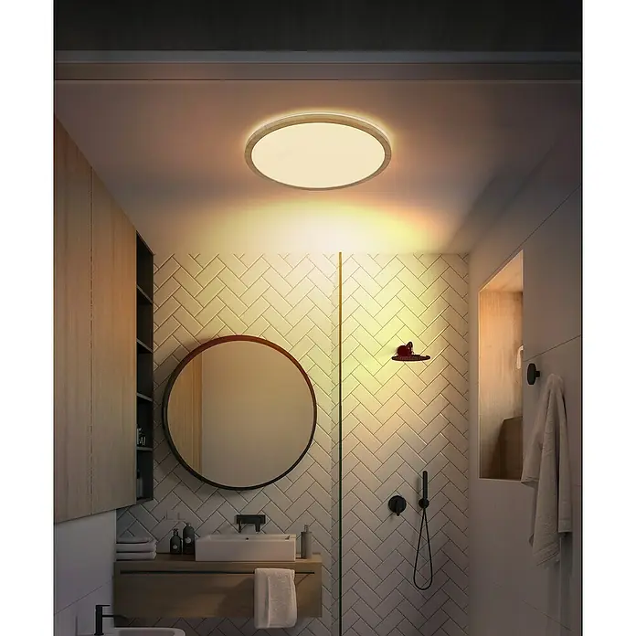 Globo LED-Deckenleuchte rund Sapana - 18 W, Warmweiß, Holzoptik, Ø x H: 29,4 cm x 25 mm - Moderne Badezimmerbeleuchtung mit einer runden Deckenleuchte, die ein sanftes, warmes Licht verbreitet und eine entspannende Atmosphäre schafft.