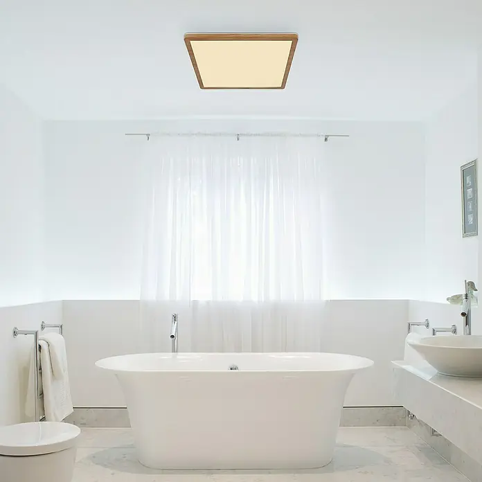Globo LED-Deckenleuchte Sapana - 24 W, Warmweiß, Holzoptik, L x B x H: 42 x 42 x 2,5 cm - Deckenleuchte mit Holzrahmen im modernen Badezimmer. Quadratische Form, warmes Licht für eine gemütliche Atmosphäre und stilvolles Design.