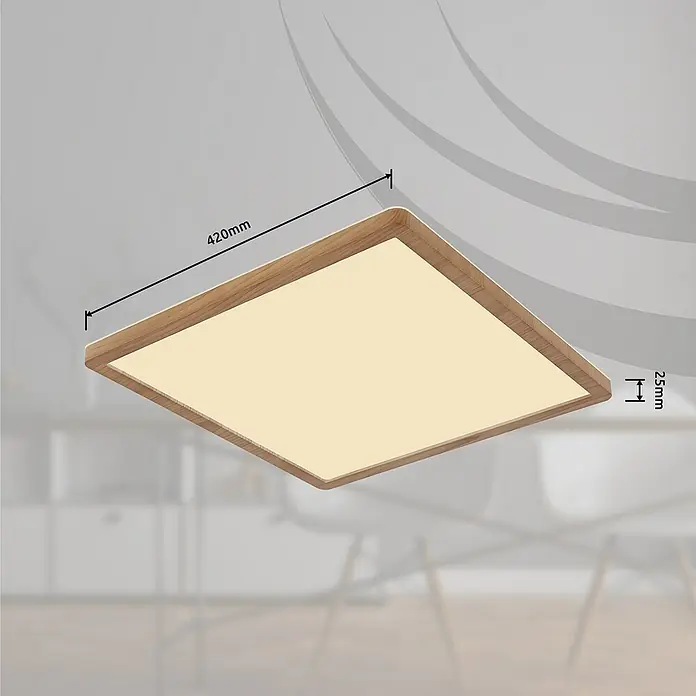 Globo LED-Deckenleuchte Sapana - 24 W, Warmweiß, Holzoptik, L x B x H: 42 x 42 x 2,5 cm - Quadratische Deckenleuchte mit Holzrahmen, Abmessungen 420mm x 420mm und einer Dicke von 25mm. Ideal für moderne Wohnräume.