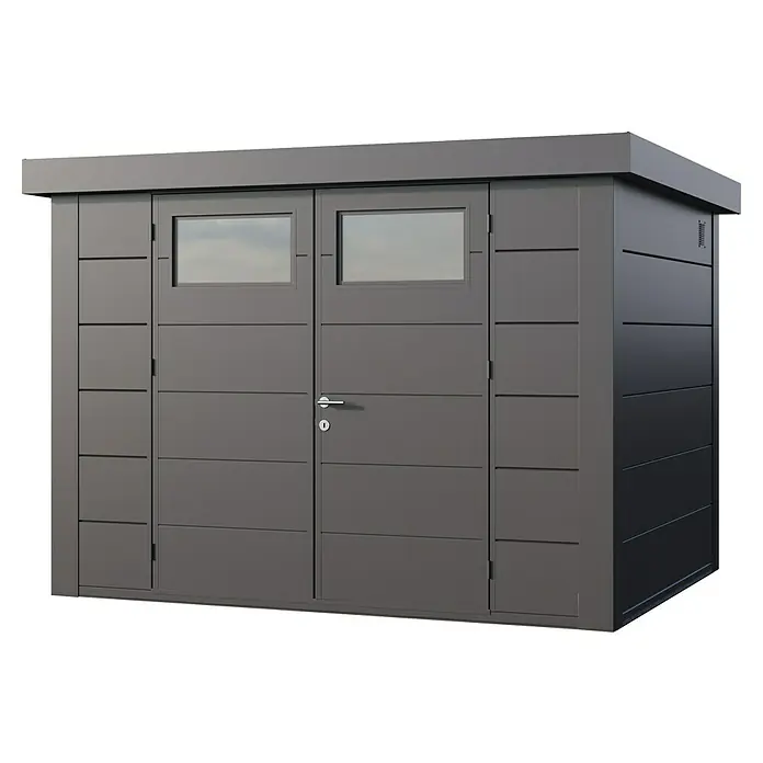 Telluria Metallgerätehaus Classico 3024 inkl. Elektro-Set - Außenmaß inkl. Dachüberstand (B x T): 318 x 258 cm, Stahl, Anthrazit, Inkl. Innenwandverkleidung & Elektro-Set - Abbildung eines modernen Gerätehauses in Anthrazit mit Doppeltür und Fenster. Ideal zur Aufbewahrung von Gartengeräten und Werkzeugen.