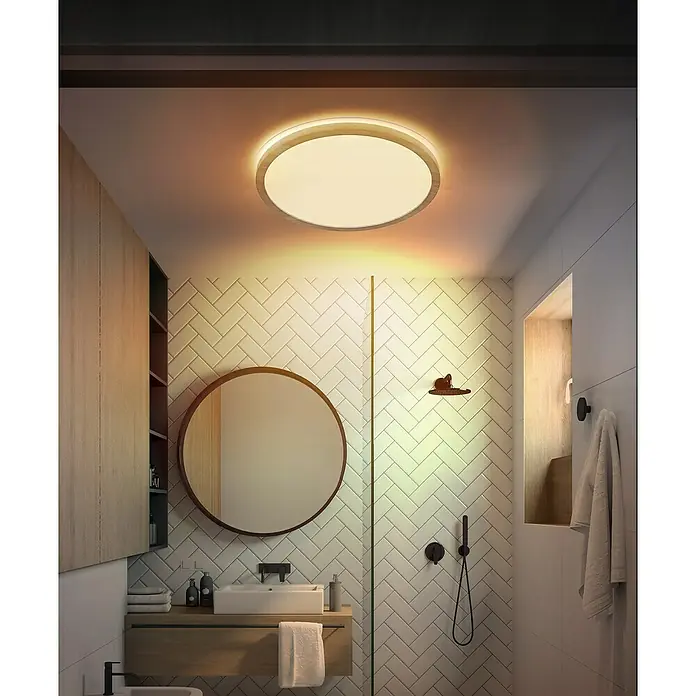 Globo LED-Deckenleuchte rund Sapana - 24 W, Warmweiß, Holzoptik, Ø x H: 42 x 2,5 cm - Moderne Badezimmerbeleuchtung mit einer runden Deckenleuchte, die warmes Licht für eine entspannende Atmosphäre spendet.
