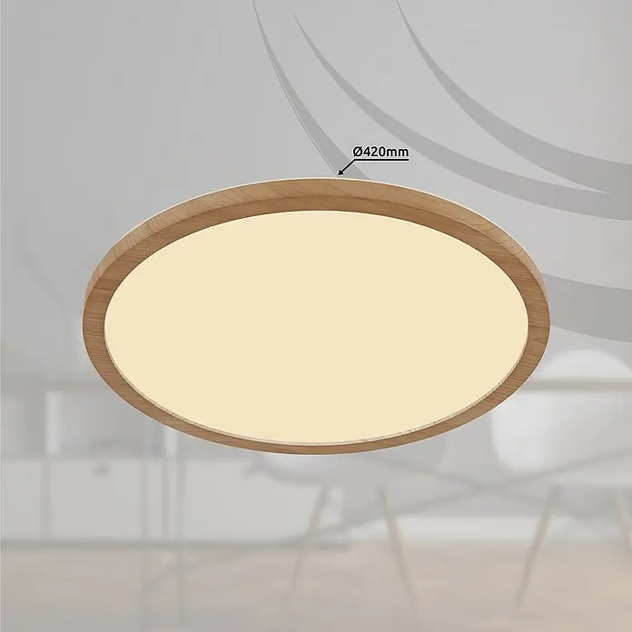 Globo LED-Deckenleuchte rund Sapana - 24 W, Warmweiß, Holzoptik, Ø x H: 42 x 2,5 cm - Runde Deckenleuchte mit Holzrahmen und sanftem Licht. Modernes Design, Durchmesser 420mm, perfekt für stilvolle Innenräume.