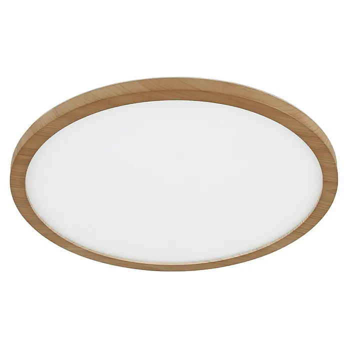 Globo LED-Deckenleuchte rund Sapana - 18 W, Warmweiß, Holzoptik, Ø x H: 29,4 cm x 25 mm - Ovale Deckenleuchte mit einem Rahmen aus hellem Holz und einem diffusen weißen Licht, die ein sanftes und gleichmäßiges Raumlicht erzeugt.