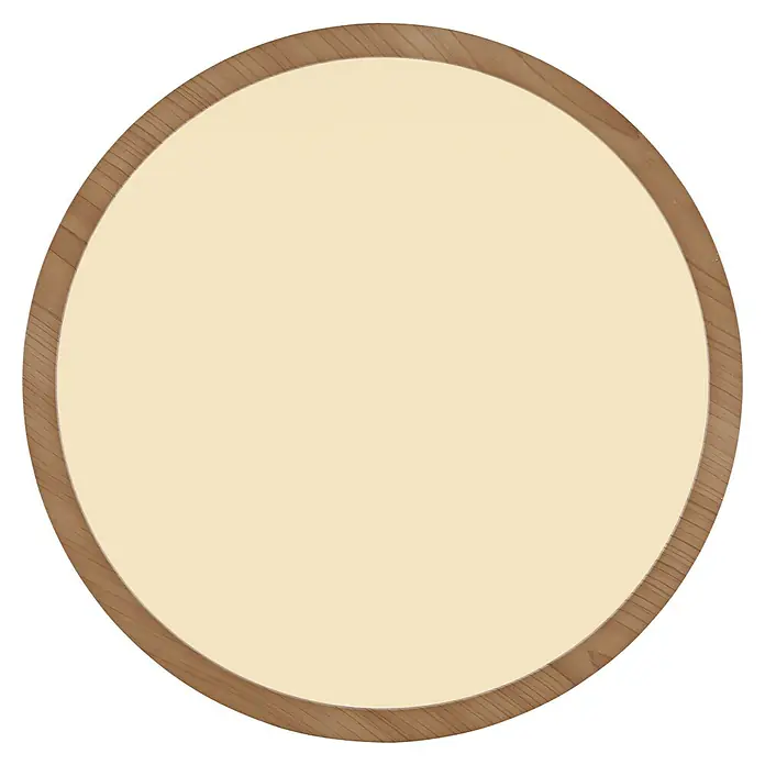 Globo LED-Deckenleuchte rund Sapana - 18 W, Warmweiß, Holzoptik, Ø x H: 29,4 cm x 25 mm - Nahaufnahme eines runden Tisches mit Holzrahmen und gelbem Hintergrund, ideal für moderne Innenräume.