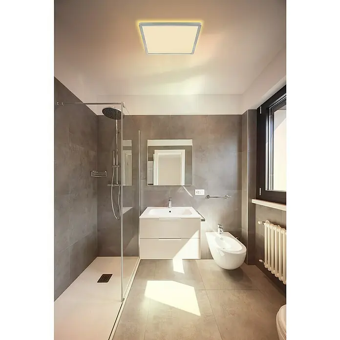 Globo LED-Deckenleuchte Sapana - 18 W, Warmweiß, Nickel, L x B x H: 29,4 x 29,4 x 2,5 cm - Moderne Badezimmerbeleuchtung mit einer quadratischen Deckenleuchte, die ein helles und einladendes Ambiente schafft.\n