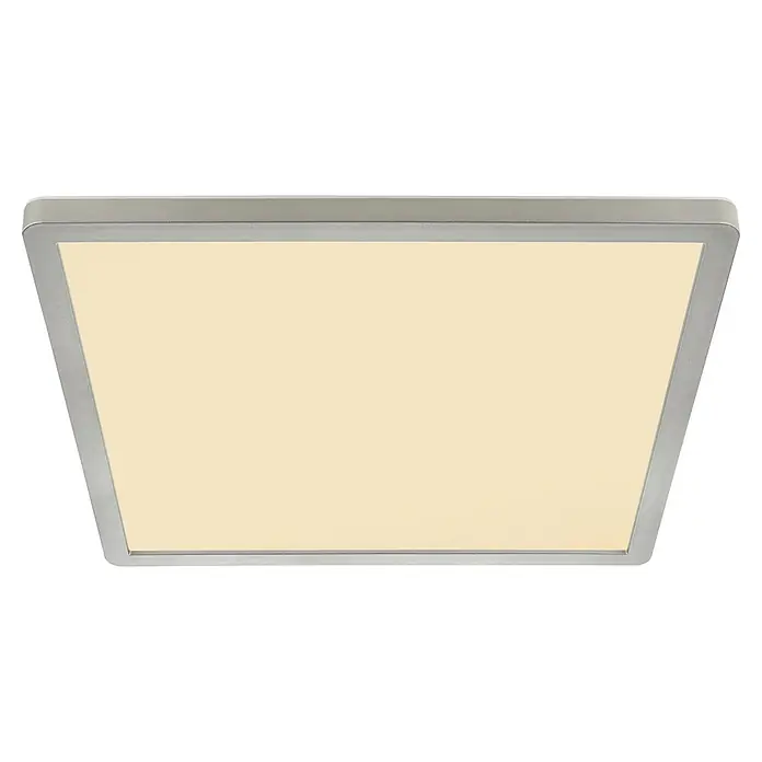 Globo LED-Deckenleuchte Sapana - 18 W, Warmweiß, Nickel, L x B x H: 29,4 x 29,4 x 2,5 cm - Nahaufnahme einer modernen, quadratischen Deckenleuchte mit einem Rahmen aus gebürstetem Metall und warmweißem Licht.