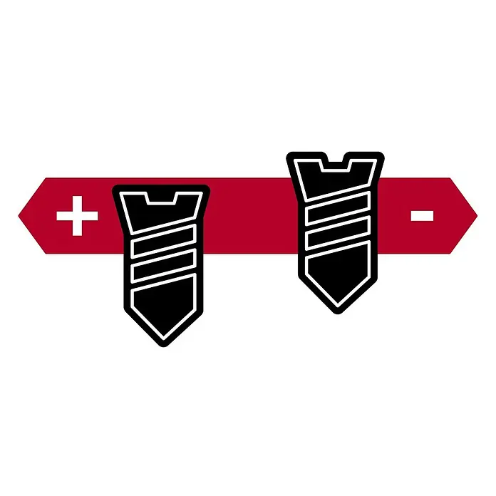 Einhell Classic Trockenbauschrauber TC-DY 710 E - 710 W - Illustration zweier Schrauben mit rotem Band und Plus- und Minuszeichen, die die Richtung der Schrauben darstellen.