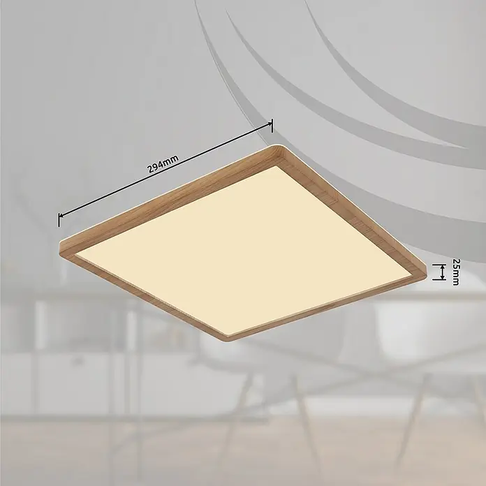 Globo LED-Deckenleuchte Sapana - 18 W, Warmweiß, Holzoptik, L x B x H: 29,4 x 29,4 x 2,5 cm - Bild einer quadratischen LED-Deckenleuchte mit Holzrahmen, Abmessungen sind dargestellt.