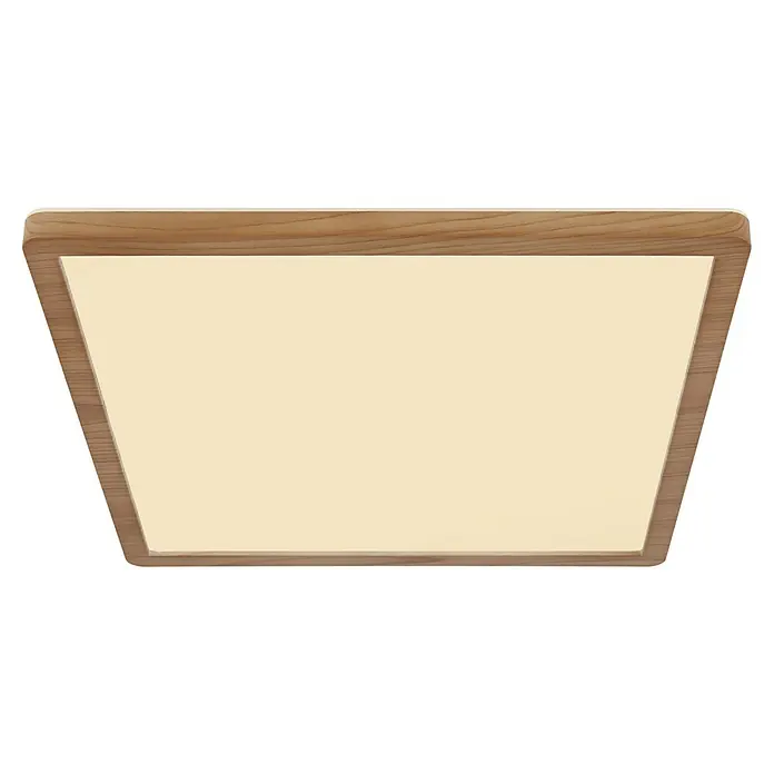 Globo LED-Deckenleuchte Sapana - 24 W, Warmweiß, Holzoptik, L x B x H: 42 x 42 x 2,5 cm - Ansicht von oben einer Deckenleuchte mit Holzrahmen und einer cremefarbenen Blende, ideal für die stilvolle Beleuchtung eines Raumes.