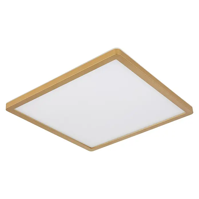 Globo LED-Deckenleuchte Sapana - 18 W, Warmweiß, Messing, L x B x H: 29,4 x 29,4 x 2,5 cm - Nahaufnahme einer modernen, quadratischen LED-Deckenleuchte mit goldenem Rahmen, die ein helles, gleichmäßiges Licht spendet.