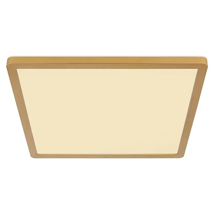 Globo LED-Deckenleuchte Sapana - 18 W, Warmweiß, Messing, L x B x H: 29,4 x 29,4 x 2,5 cm - Diese Nahaufnahme zeigt eine quadratische Deckenleuchte mit einem goldenen Rahmen und einer cremefarbenen Lichtfläche.