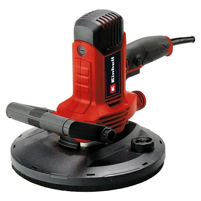 Einhell Trockenbauschleifer TC-DWS 225 - 1.220 W, Durchmesser Schleifteller: 215 mm, Leerlaufdrehzahl: 1.500 U/min - 2.300 U/min - Ein roter Einhell Trockenbauschleifer mit schwarzer Schleifplatte und Absaugvorrichtung, ideal für Renovierungsarbeiten.