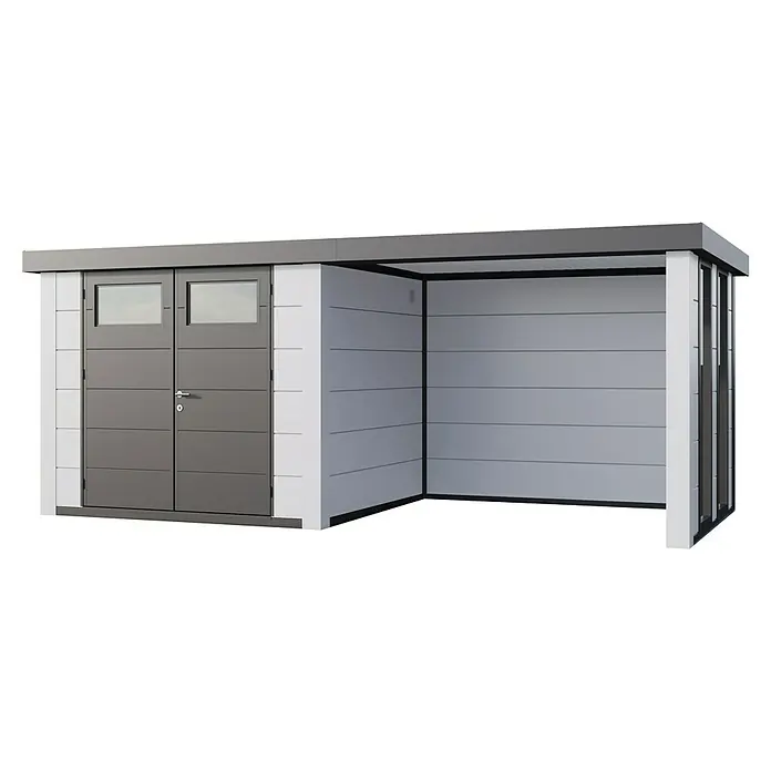 Telluria Gerätehaus Classico 2724 mit Lounge S rechts inkl. 2 Fenster - Außenmaß inkl. Dachüberstand (B x T): 572 x 258 cm, Stahl, Weiß, Ohne Set - Ein modernes Gartenhaus mit Doppeltür und integriertem Unterstand, ideal für die Aufbewahrung und als Wetterschutz.