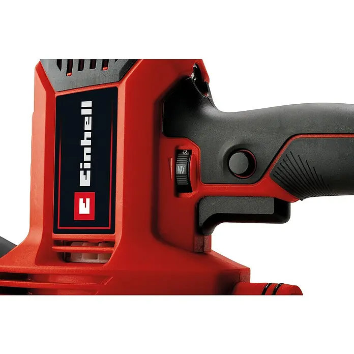 Einhell Trockenbauschleifer TC-DWS 225 - 1.220 W, Durchmesser Schleifteller: 215 mm, Leerlaufdrehzahl: 1.500 U/min - 2.300 U/min - Detailaufnahme eines Einhell-Elektrowerkzeugs, das die Marke und Bedienelemente hervorhebt. Die rote Farbe und das ergonomische Design fallen auf.