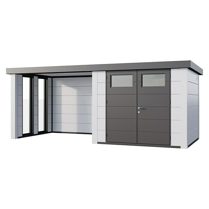 Telluria Metallgerätehaus Classico 2724 mit Lounge S links inkl. 2 Fenster (Außenmaß inkl. Dachüberstand (B x T): 572 x 258 cm, Stahl, Weiß, Ohne Set) | BAUHAUS