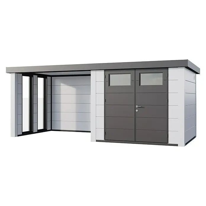 Telluria Metallgerätehaus Classico 2724 mit Lounge S links inkl. 2 Fenster - Außenmaß inkl. Dachüberstand (B x T): 572 x 258 cm, Stahl, Weiß, Ohne Set - Ein modernes Gartenhaus mit grauem Dach und grauen Türen, kombiniert mit weißen Wänden, bietet stilvollen Stauraum im Freien.