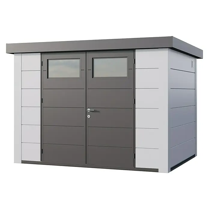 Telluria Metallgerätehaus Classico 3024 inkl. Elektro-Set - Außenmaß inkl. Dachüberstand (B x T): 318 x 258 cm, Stahl, Weiß, Inkl. Innenwandverkleidung & Elektro-Set - Ein modernes Gerätehaus mit grauen Doppeltüren und weißen Seitenwänden. Das Dach ist ebenfalls in Grau gehalten und verleiht dem Haus ein elegantes Aussehen.