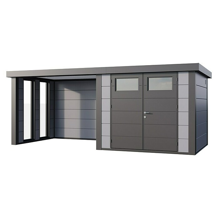 Telluria Metallgerätehaus Classico 2724 mit Lounge S links inkl. 2 Fenster (Außenmaß inkl. Dachüberstand (B x T): 572 x 258 cm, Stahl, Lichtgrau/Anthrazit, Ohne Set) | BAUHAUS