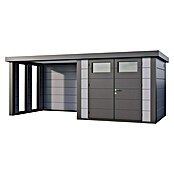 Telluria Metallgerätehaus Classico 2724 mit Lounge S links inkl. 2 Fenster (Außenmaß inkl. Dachüberstand (B x T): 572 x 258 cm, Stahl, Lichtgrau/Anthrazit, Ohne Set) | BAUHAUS